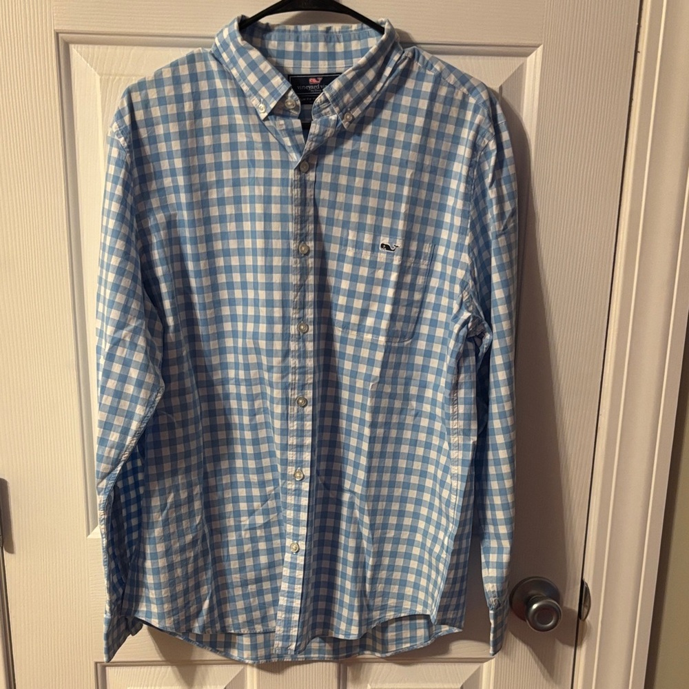 Vineyard Vines Men's Blue & White Checkered Slim Fit Tucker shirt size large
